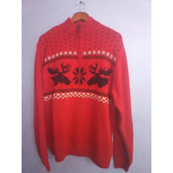 Chaps Quarter Zip Sweater Moose Fair Isle‎ Pullover Red Knit Sweater - Picture 1 of 6